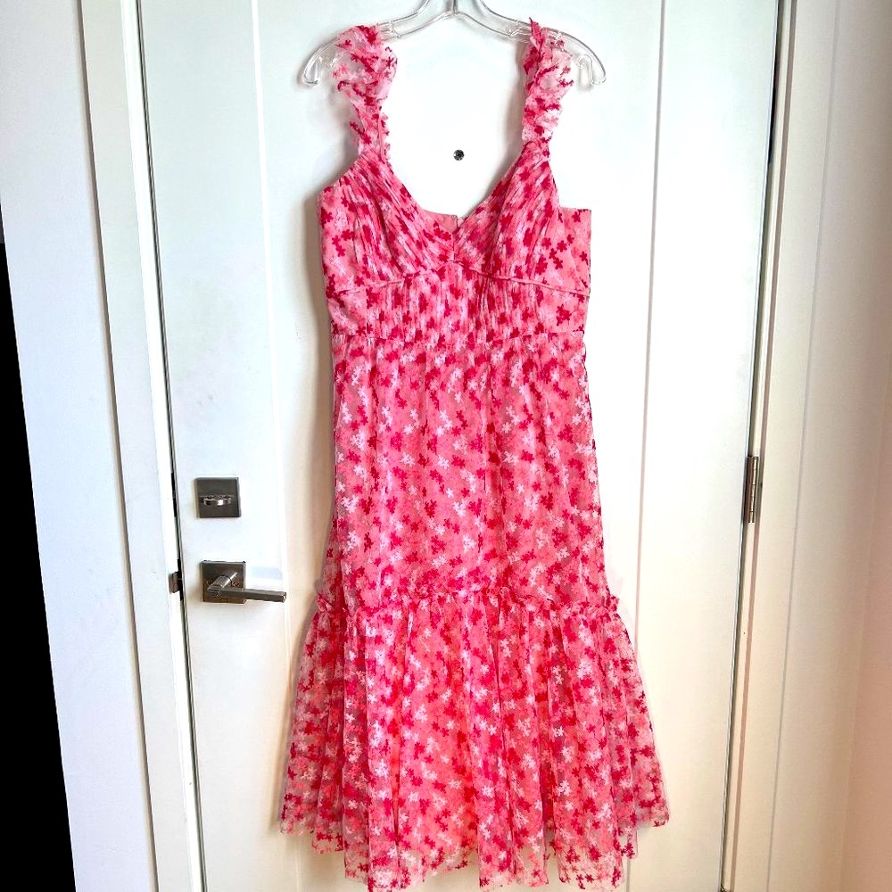 Monique Lhuillier Pink Floral Midi Dress